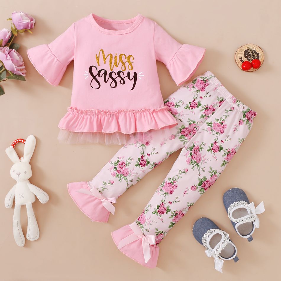 2pcs Baby Girl 95% Cotton Bell Sleeve Letter Print Ruffle Top and Floral Print Leggings Set Pink big image 4