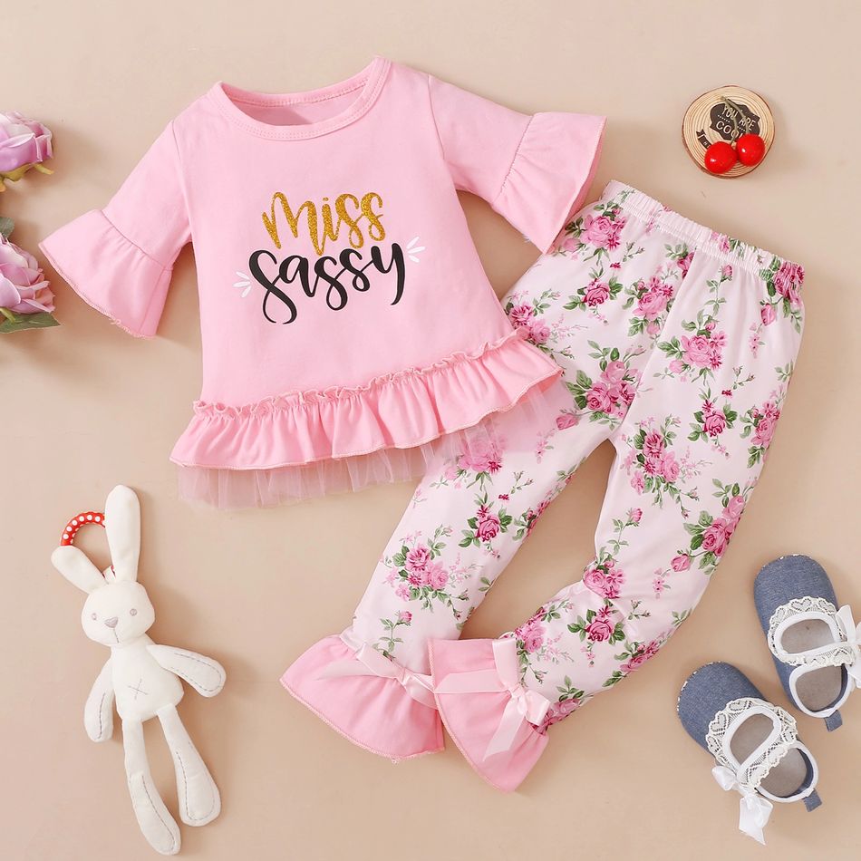 2pcs Baby Girl 95% Cotton Bell Sleeve Letter Print Ruffle Top and Floral Print Leggings Set Pink big image 1