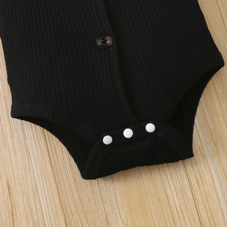 3pcs Baby Girl 95% Cotton Ribbed Short-sleeve Cold Shoulder Romper and Polka Dots Bloomers Shorts with Headband Set Black big image 7