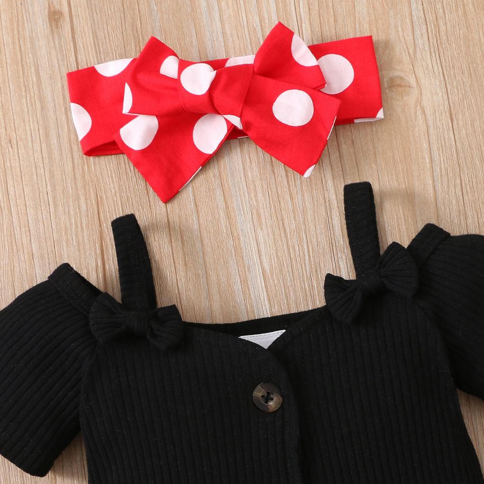 3pcs Baby Girl 95% Cotton Ribbed Short-sleeve Cold Shoulder Romper and Polka Dots Bloomers Shorts with Headband Set Black