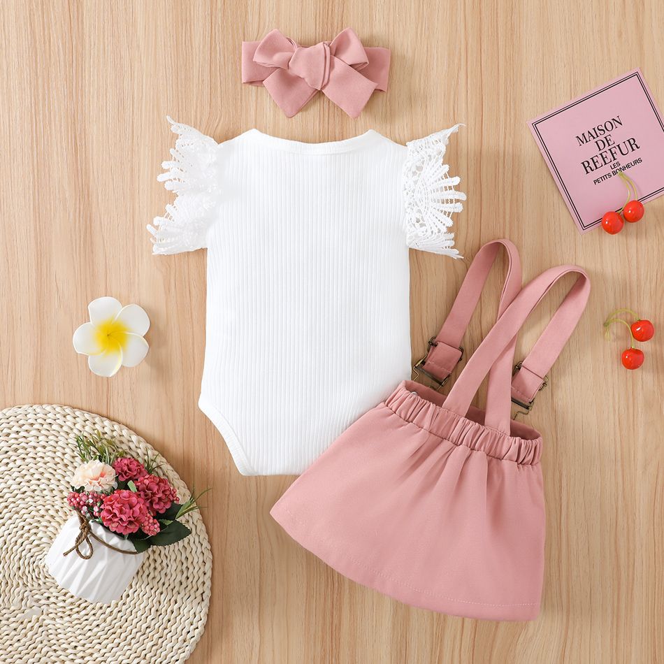 3pcs Baby Girl Lace Flutter-sleeve Ribbed Romper and Suspender Skirt with Headband Set Pink big image 3