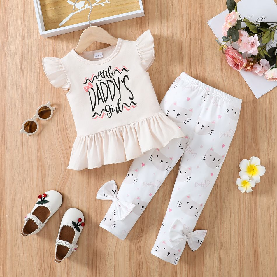 Father's Day 2pcs Toddler Girl Letter Print Ruffle Hem Flutter-sleeve Tee and Cat Print Leggings Set Apricot