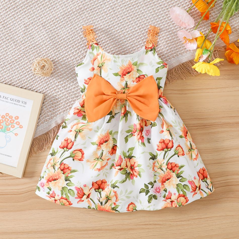 Baby Girl Bowknot Design Floral Print 3D Floral Spaghetti Strap Dress Orange