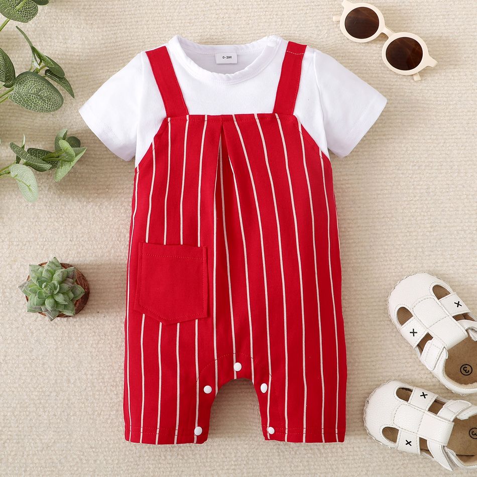 Baby Boy/Girl 95% Cotton Short-sleeve Faux-two Striped Romper Red big image 2