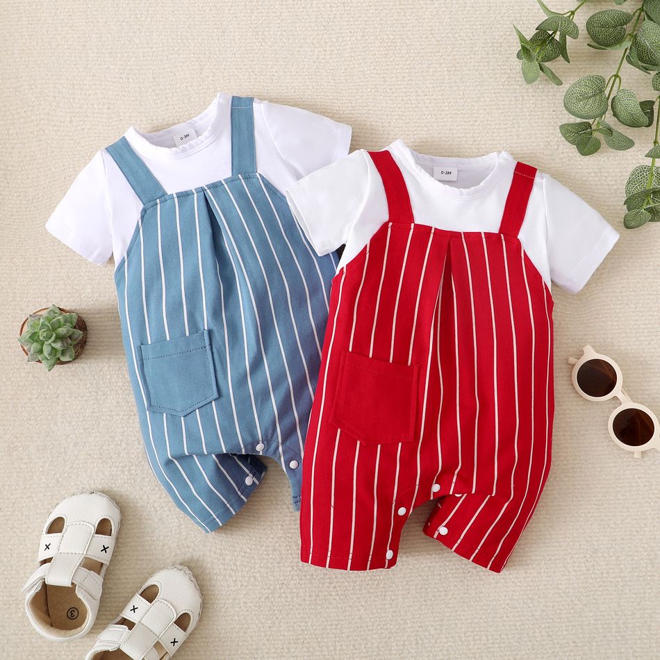 Baby Boy/Girl 95% Cotton Short-sleeve Faux-two Striped Romper Red big image 1