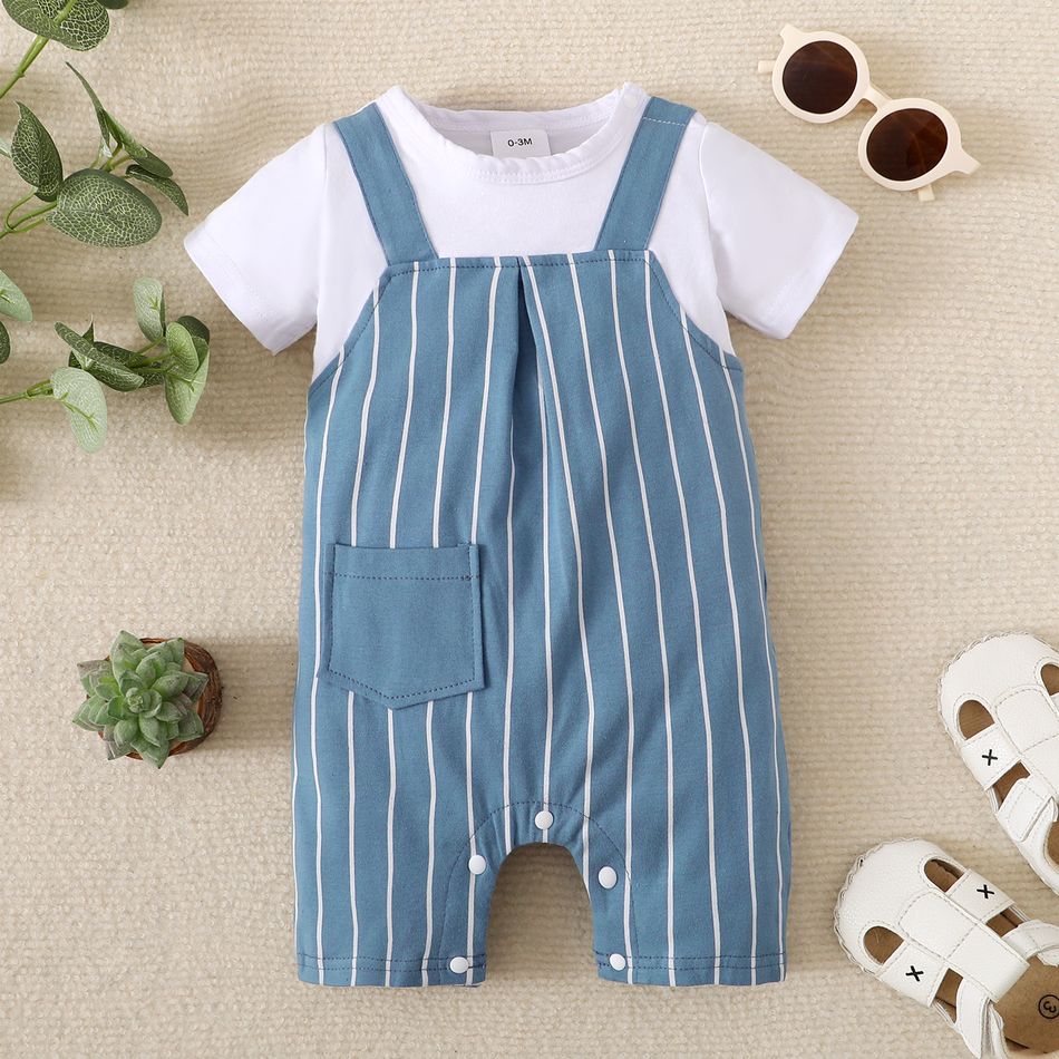 Baby Boy/Girl 95% Cotton Short-sleeve Faux-two Striped Romper Light Blue