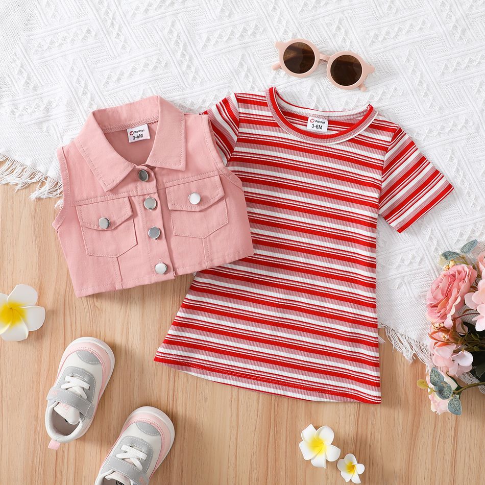2pcs Baby Girl 95% Cotton Short-sleeve Striped Dress and Button Front Vest Set Pink