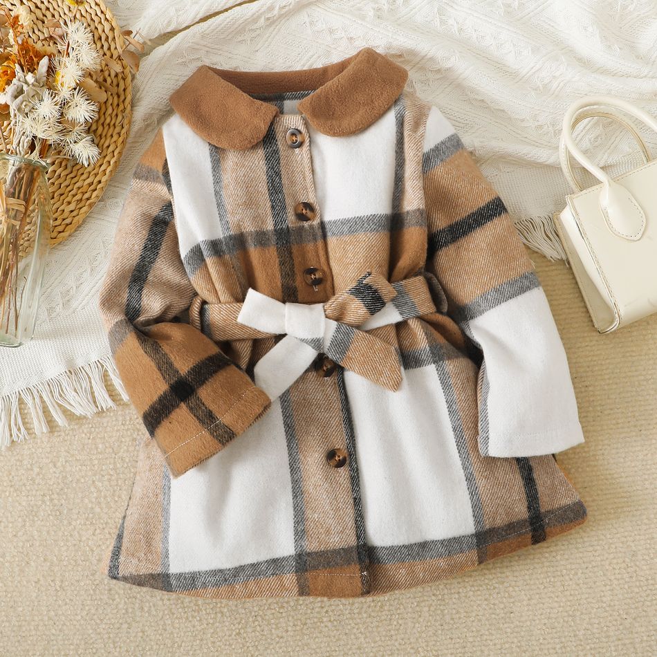 Toddler Girl Doll Collar Plaid Button Design Belted Thin Coats Khaki big image 2