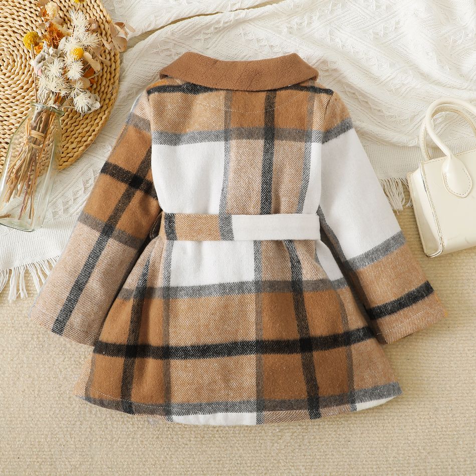 Toddler Girl Doll Collar Plaid Button Design Belted Thin Coats Khaki big image 3