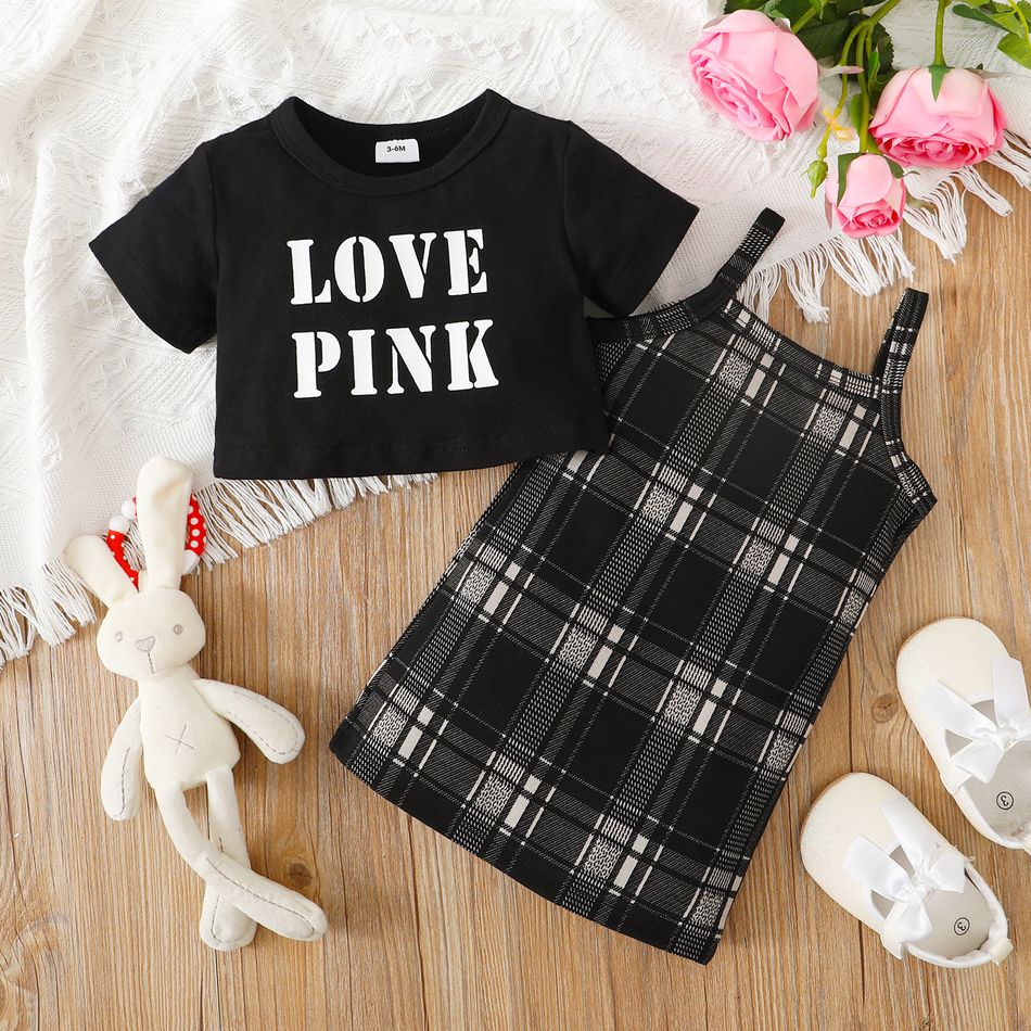 2pcs Baby Girl 95% Cotton Plaid Cami Dress and Letter Print Short-sleeve Crop Top Set Black