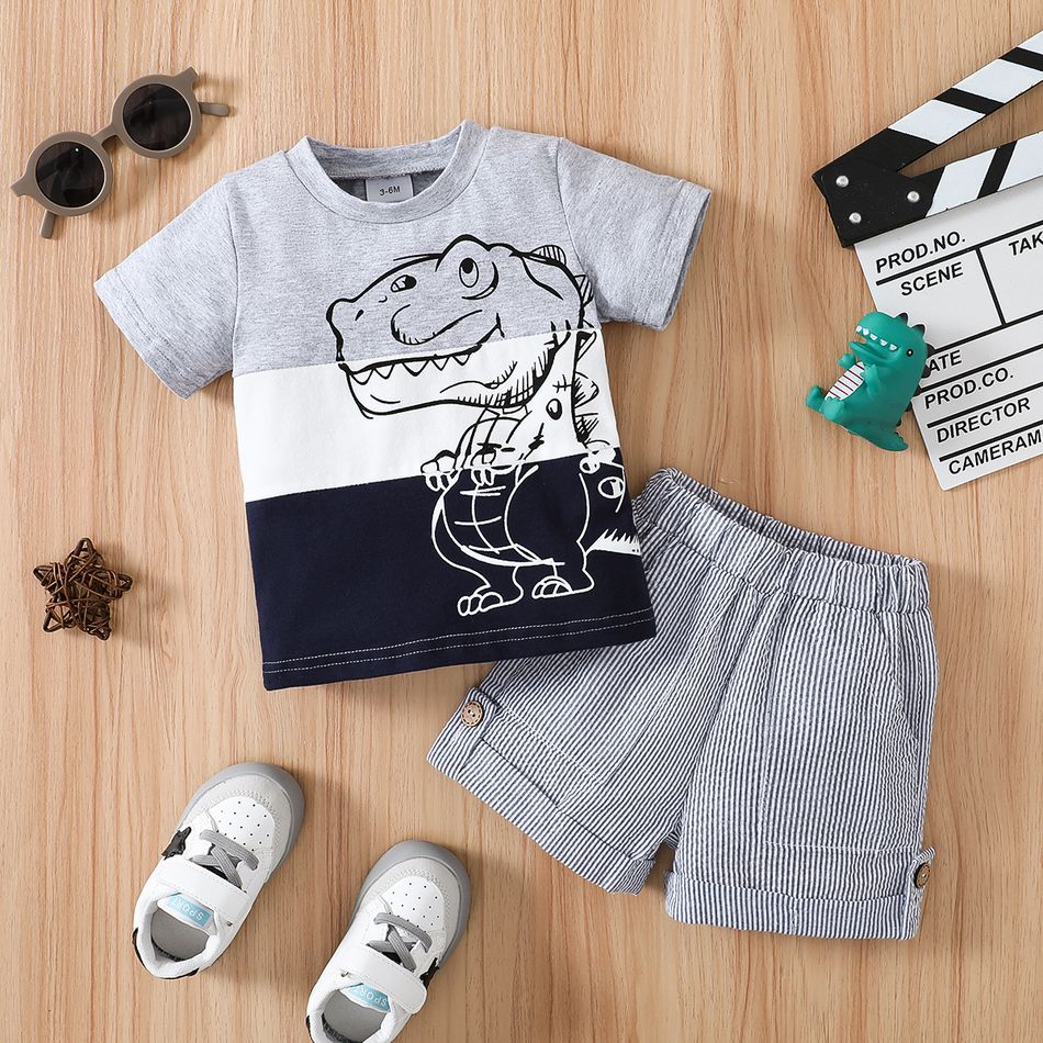 2pcs Baby Boy 100% Cotton Pinstriped Shorts and Dinosaur Print Colorblock Short-sleeve T-shirt Set Multi-color