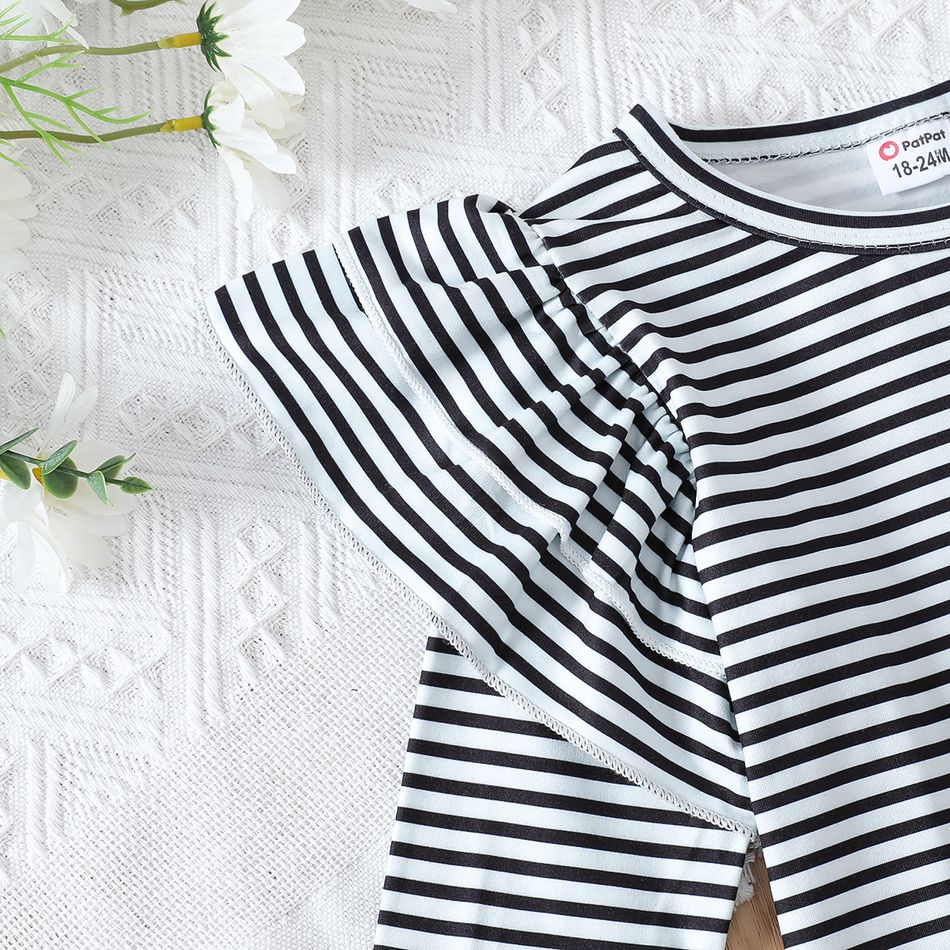 2pcs Toddler Girl Stripe Ruffled Long-sleeve Tee and Pocket Design Denim Overalls Set BlackandWhite big image 5