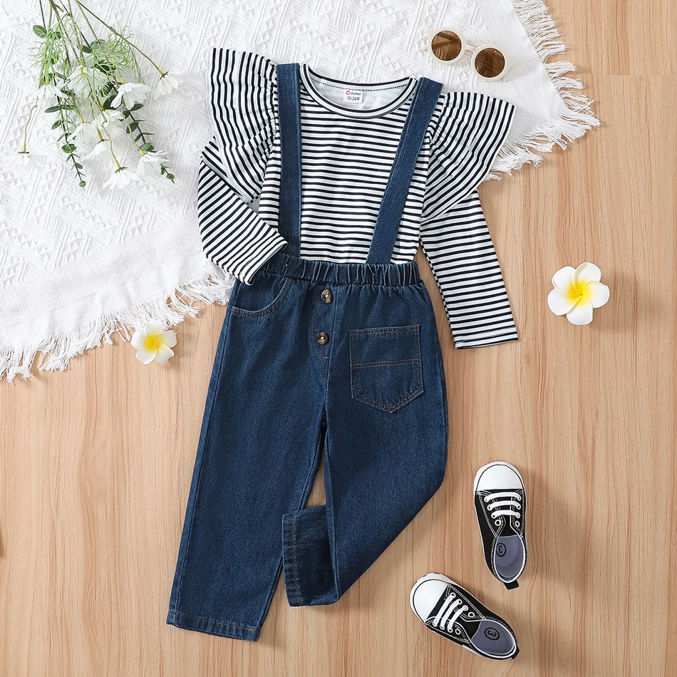 2pcs Toddler Girl Stripe Ruffled Long-sleeve Tee and Pocket Design Denim Overalls Set BlackandWhite