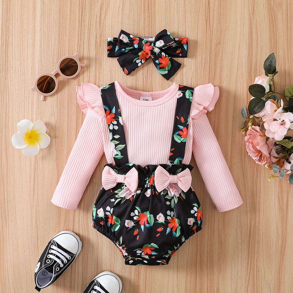 3pcs Baby Girl 95% Cotton Rib Knit Ruffle Trim Long-sleeve Romper and Bow Front Floral Print Suspender Shorts with Headband Set Pink
