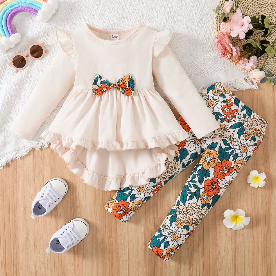 2pcs Toddler Girl Bowknot Design Ruffled High Low Long-sleeve Tee and Floral Print Leggings Set Apricot big image 1