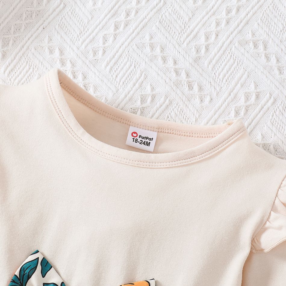 2pcs Toddler Girl Bowknot Design Ruffled High Low Long-sleeve Tee and Floral Print Leggings Set Apricot big image 3