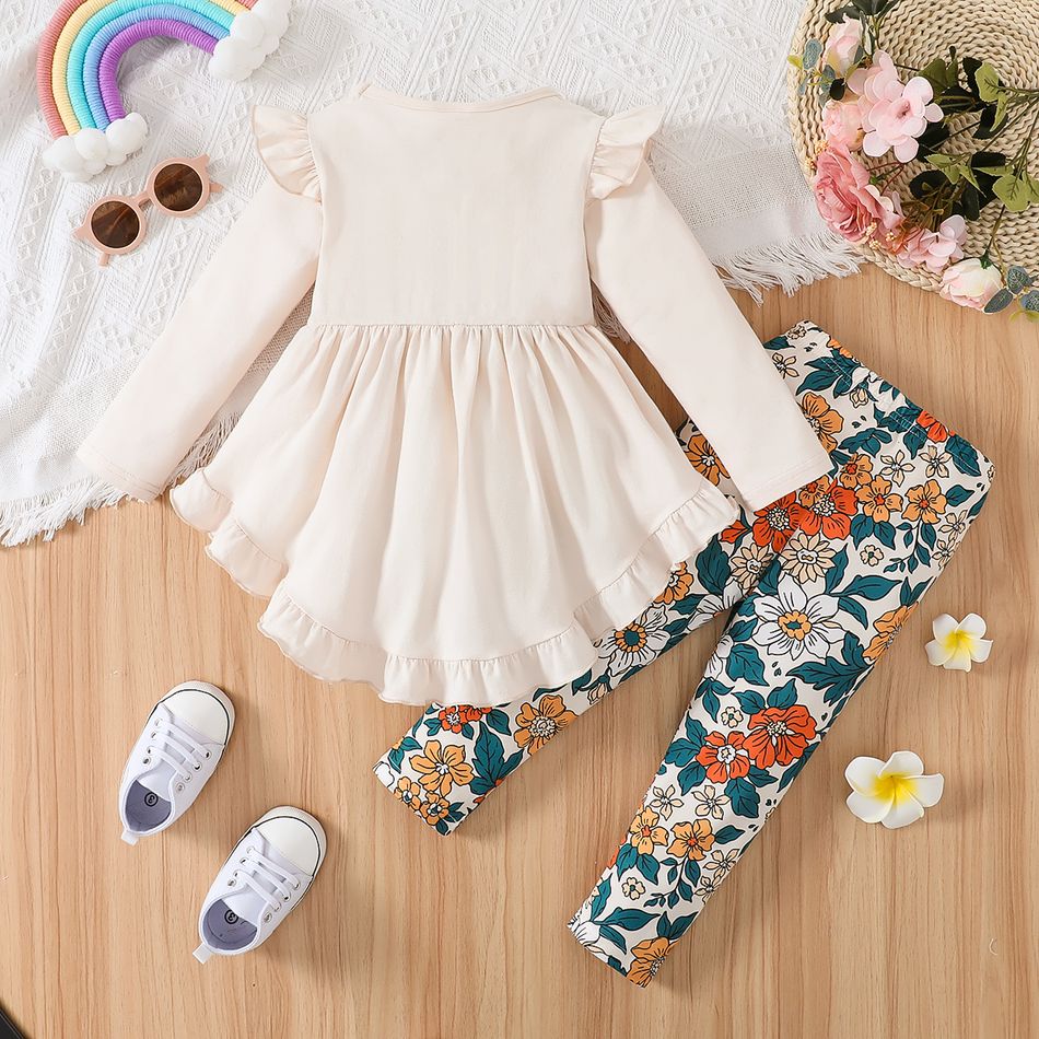 2pcs Toddler Girl Bowknot Design Ruffled High Low Long-sleeve Tee and Floral Print Leggings Set Apricot big image 2