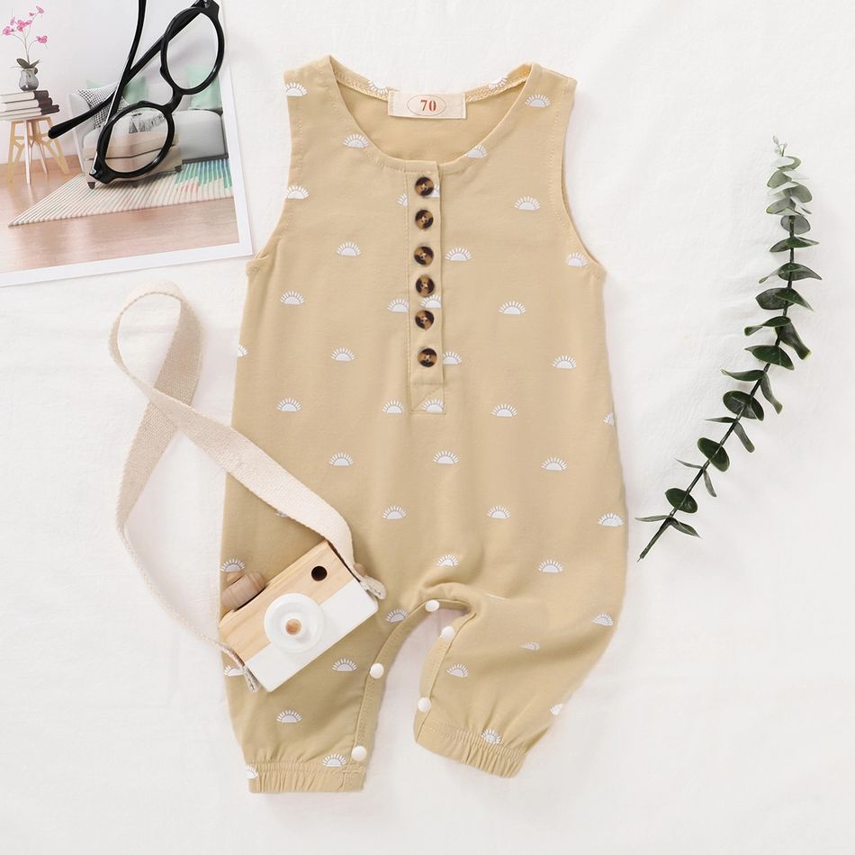 Baby Boy 95% Cotton Sleeveless Print/Striped/Solid Button Tank Jumpsuit Beige big image 2