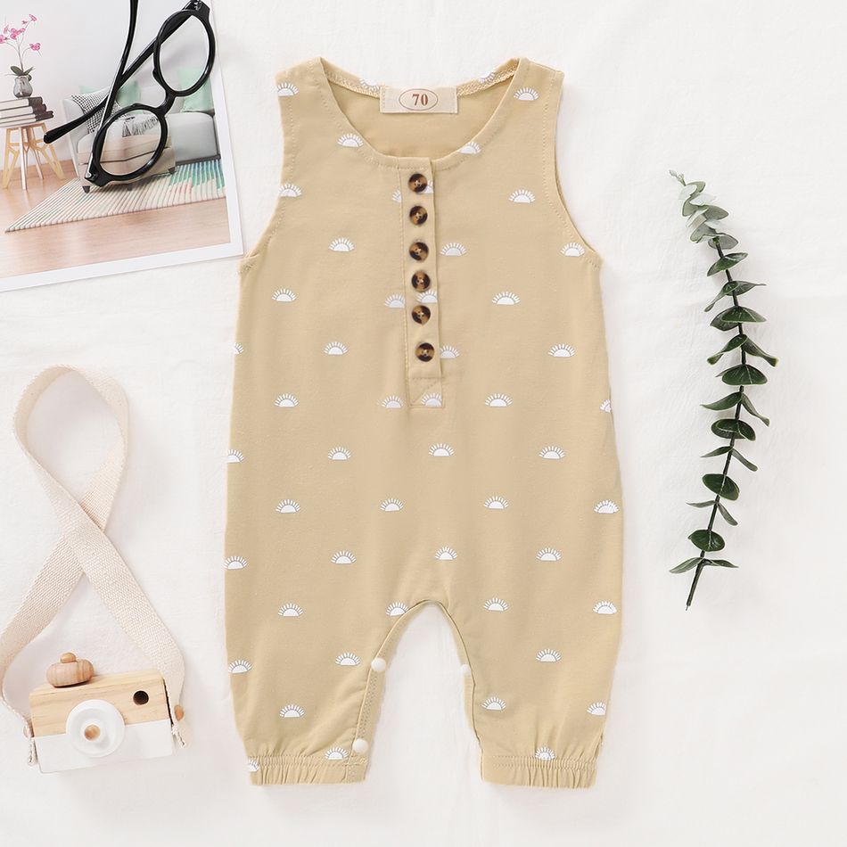 Baby Boy 95% Cotton Sleeveless Print/Striped/Solid Button Tank Jumpsuit Beige big image 1