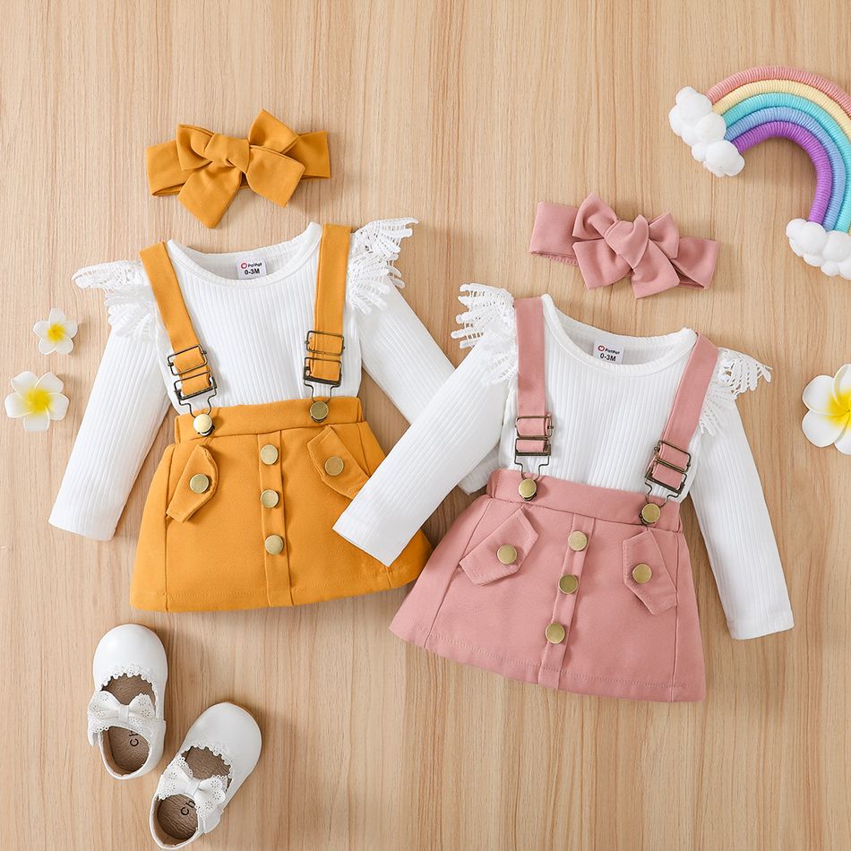 3pcs Baby Girl 95% Cotton Long-sleeve Lace Spliced Rib Knit Romper and Suspender Skirt with Headband Set Pink big image 2