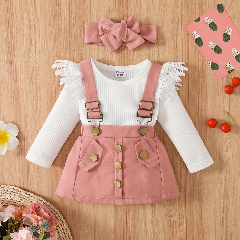 3pcs Baby Girl 95% Cotton Long-sleeve Lace Spliced Rib Knit Romper and Suspender Skirt with Headband Set Pink big image 1