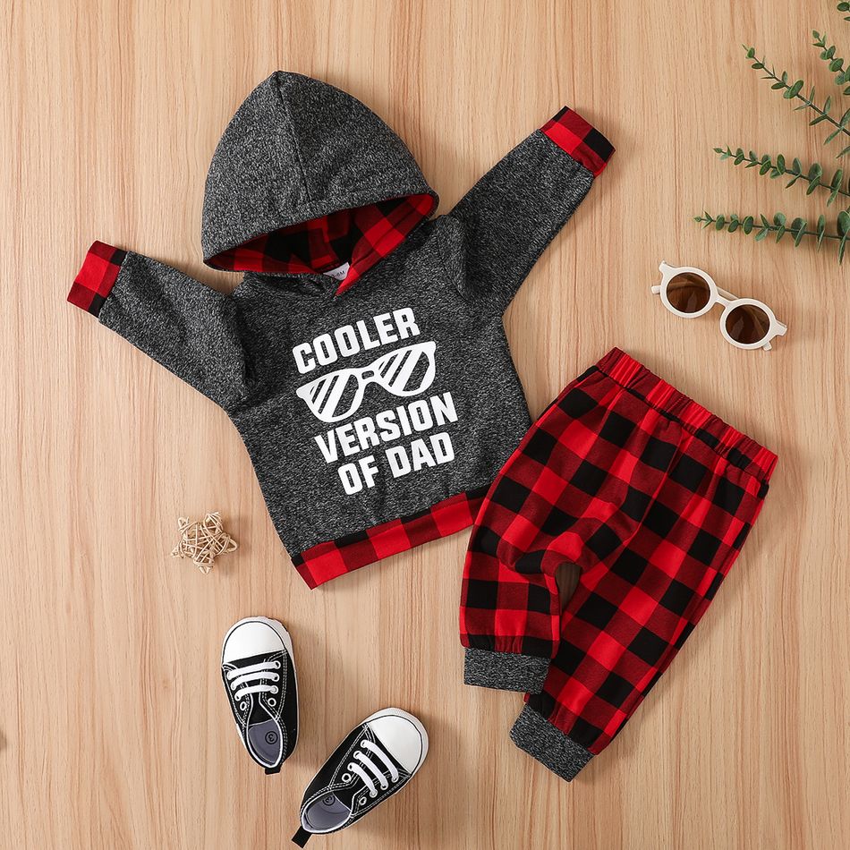 2pcs Baby Boy 95% Cotton Long-sleeve Sunglasses & Letter Print Hoodie and Red Plaid Sweatpants Set DeepGery big image 2
