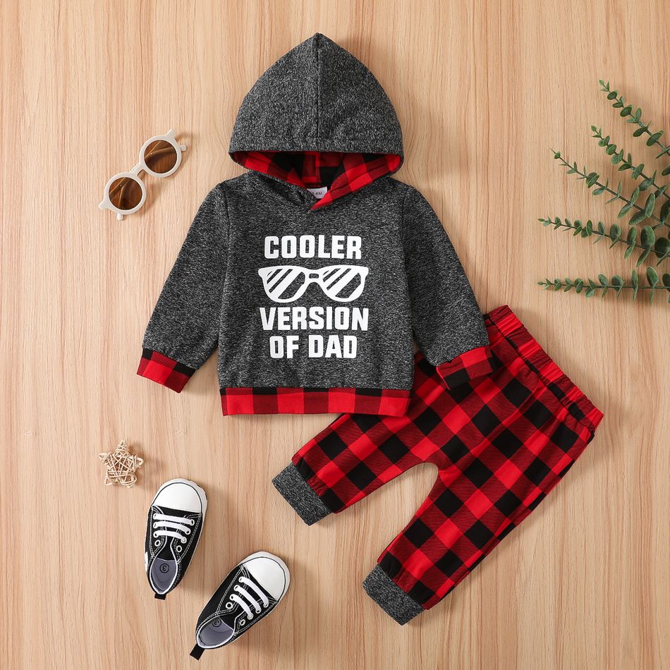 2pcs Baby Boy 95% Cotton Long-sleeve Sunglasses & Letter Print Hoodie and Red Plaid Sweatpants Set DeepGery big image 1