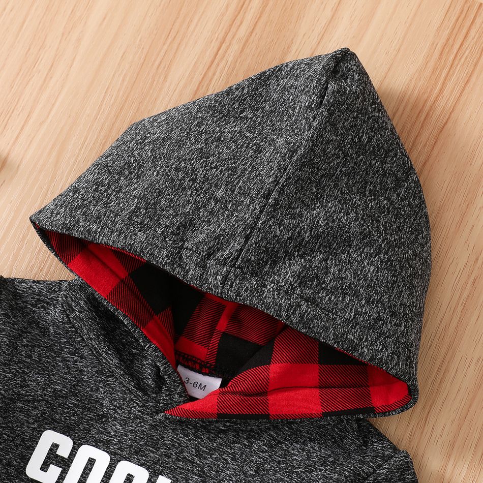 2pcs Baby Boy 95% Cotton Long-sleeve Sunglasses & Letter Print Hoodie and Red Plaid Sweatpants Set DeepGery big image 4