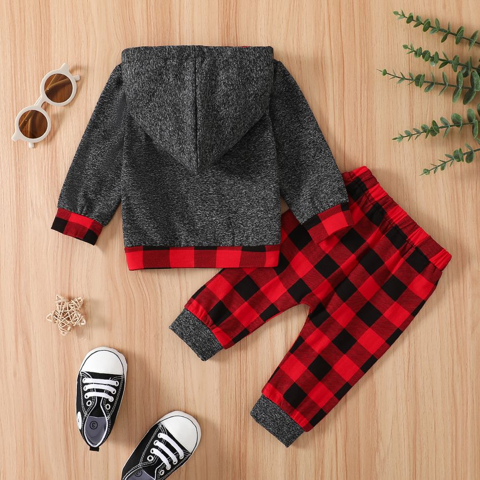 2pcs Baby Boy 95% Cotton Long-sleeve Sunglasses & Letter Print Hoodie and Red Plaid Sweatpants Set DeepGery big image 3