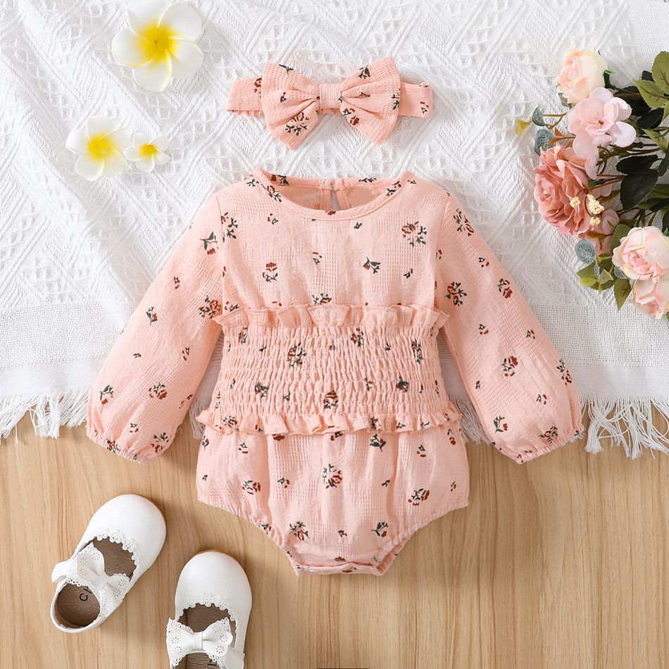 100% Cotton 2pcs Baby Girl Allover Floral Print Long-sleeve Shirred Romper with Headband Set Pink
