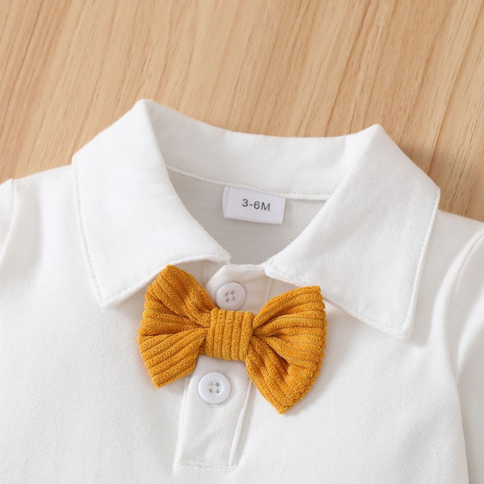 2pcs Baby Boy 95% Cotton Long-sleeve Bow Tie Decor Romper and Corduroy Overalls Set Yellow big image 4