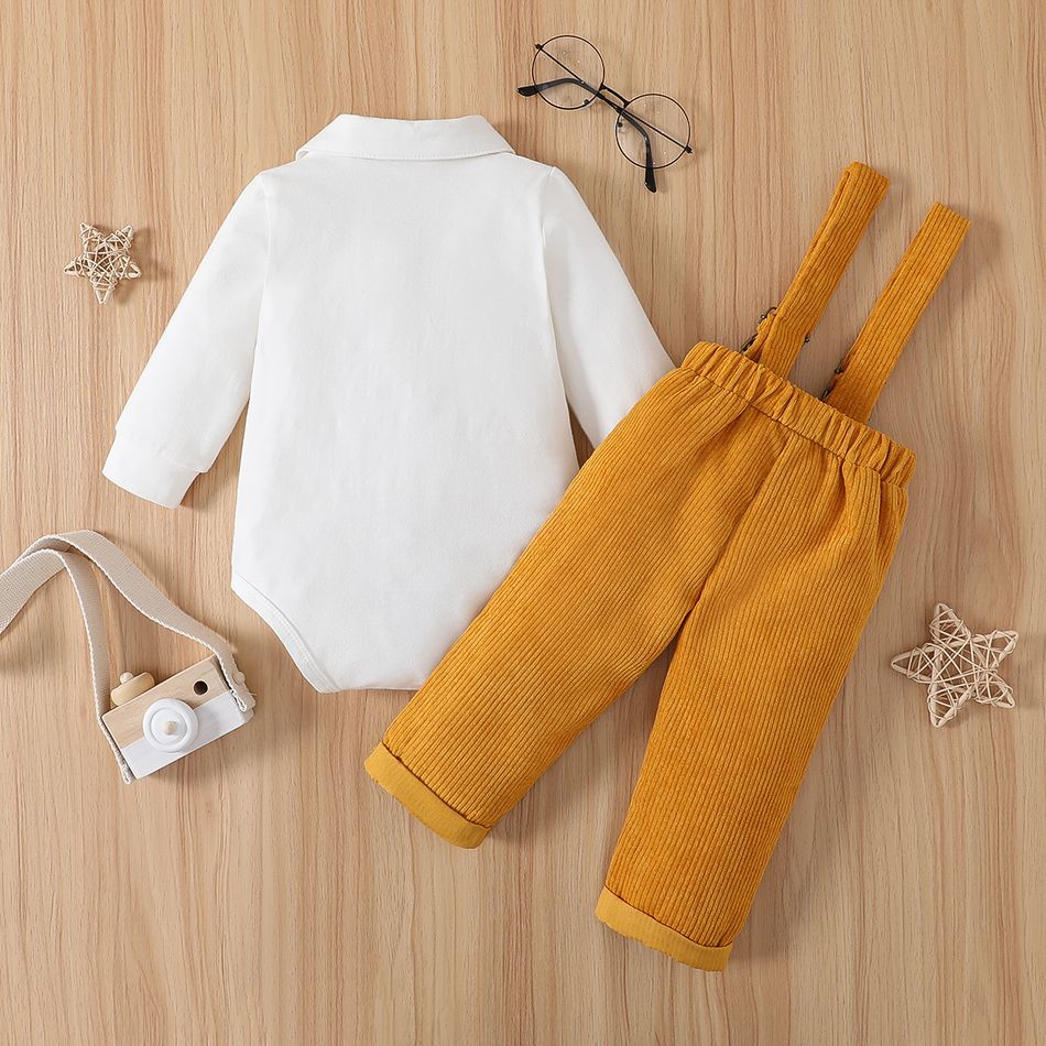 2pcs Baby Boy 95% Cotton Long-sleeve Bow Tie Decor Romper and Corduroy Overalls Set Yellow big image 3