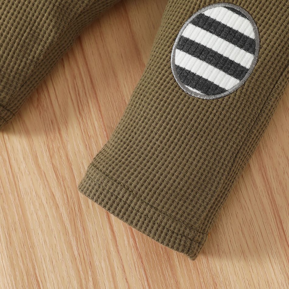 Baby 3pcs Ribbed Stripe Print Long-sleeve Romper and Waffle Overalls Set Dark Grey big image 7