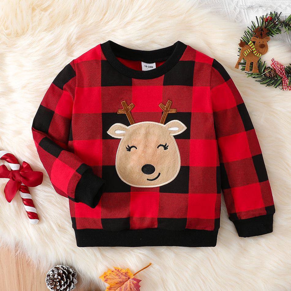 Toddler Boy Christmas Deer Embroidered Plaid Pullover Sweatshirt Red