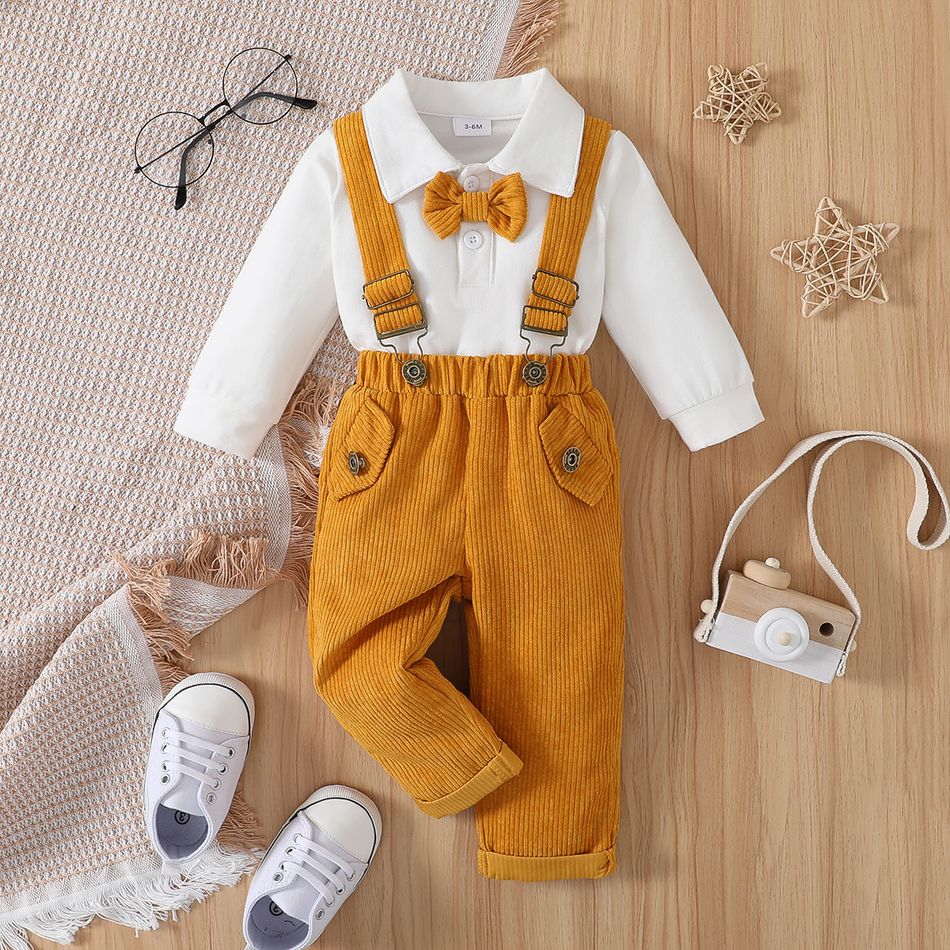 2pcs Baby Boy 95% Cotton Long-sleeve Bow Tie Decor Romper and Corduroy Overalls Set Yellow big image 2
