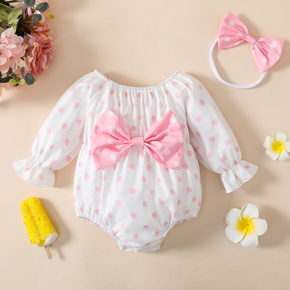 2pcs Baby Girl Bow Front Polka Dot Print Long-sleeve Romper with Headband Set Pink big image 1