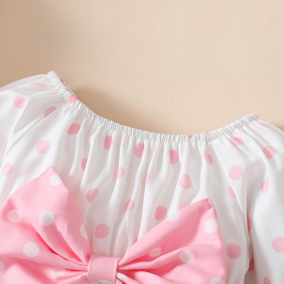 2pcs Baby Girl Bow Front Polka Dot Print Long-sleeve Romper with Headband Set Pink big image 4