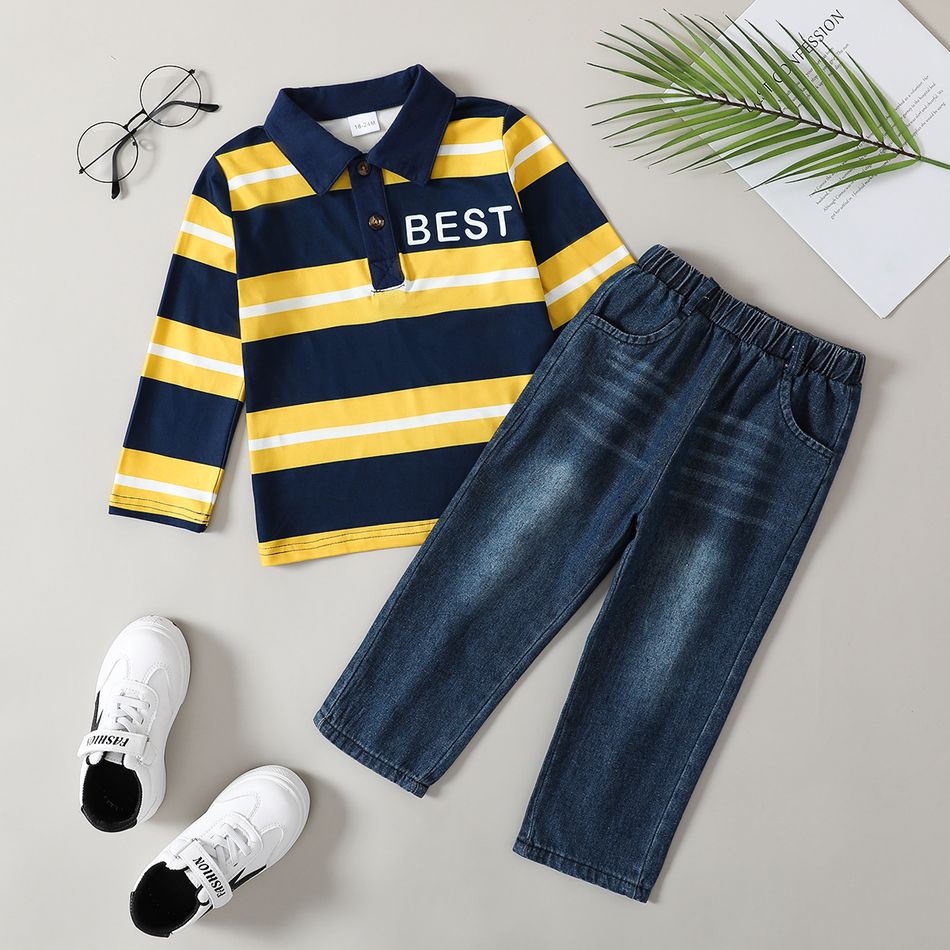 2pcs Toddler Boy Letter Print Stripe Long-sleeve Polo Shirt and Denim Jeans Set Yellow big image 2