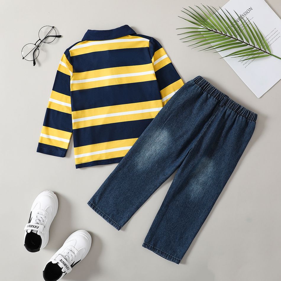 2pcs Toddler Boy Letter Print Stripe Long-sleeve Polo Shirt and Denim Jeans Set Yellow big image 3
