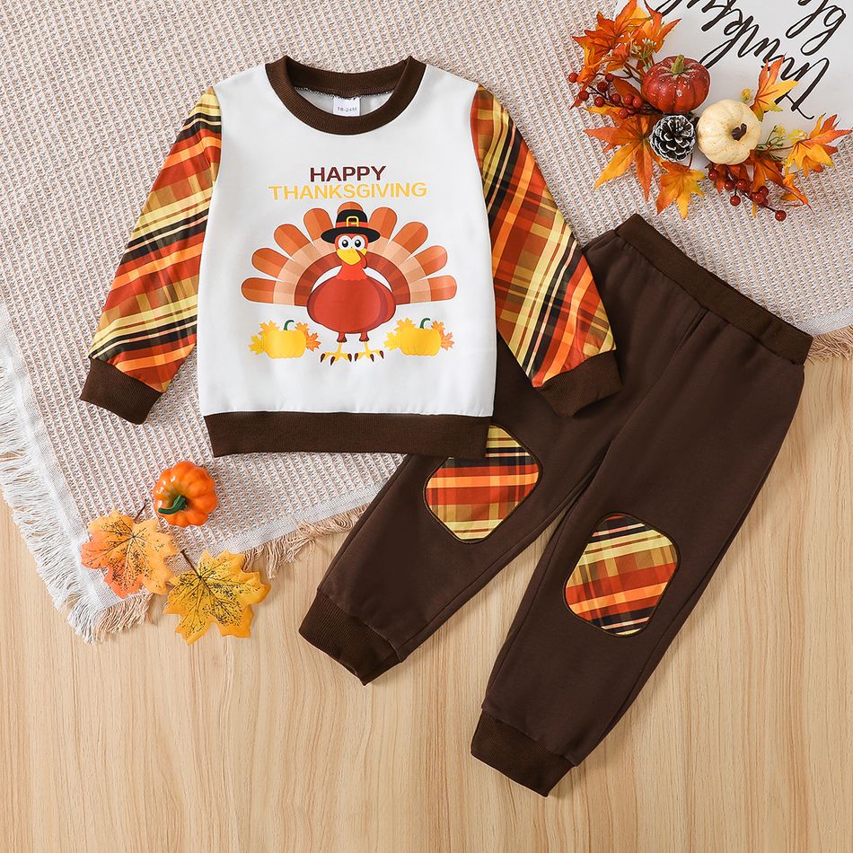 2pcs Toddler Boy Thanksgiving Animal Print Plaid Colorblock Sweatshirt and Pants Set Orangebrown big image 2