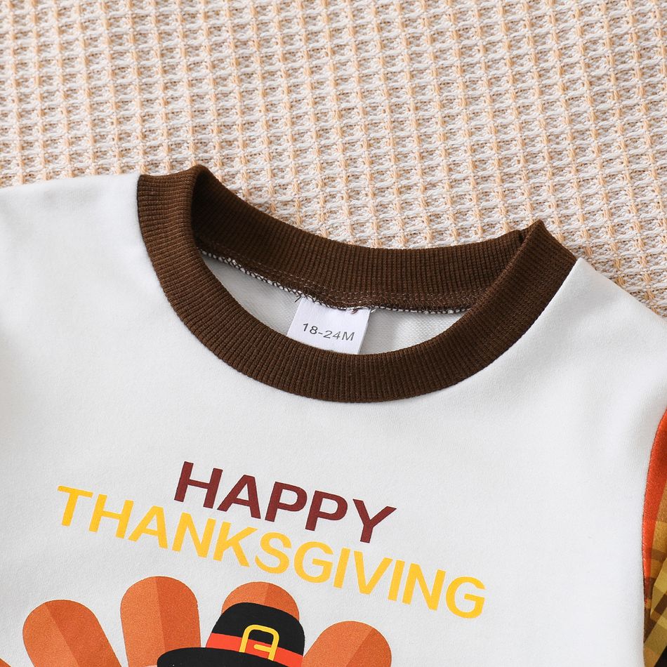 2pcs Toddler Boy Thanksgiving Animal Print Plaid Colorblock Sweatshirt and Pants Set Orangebrown big image 4