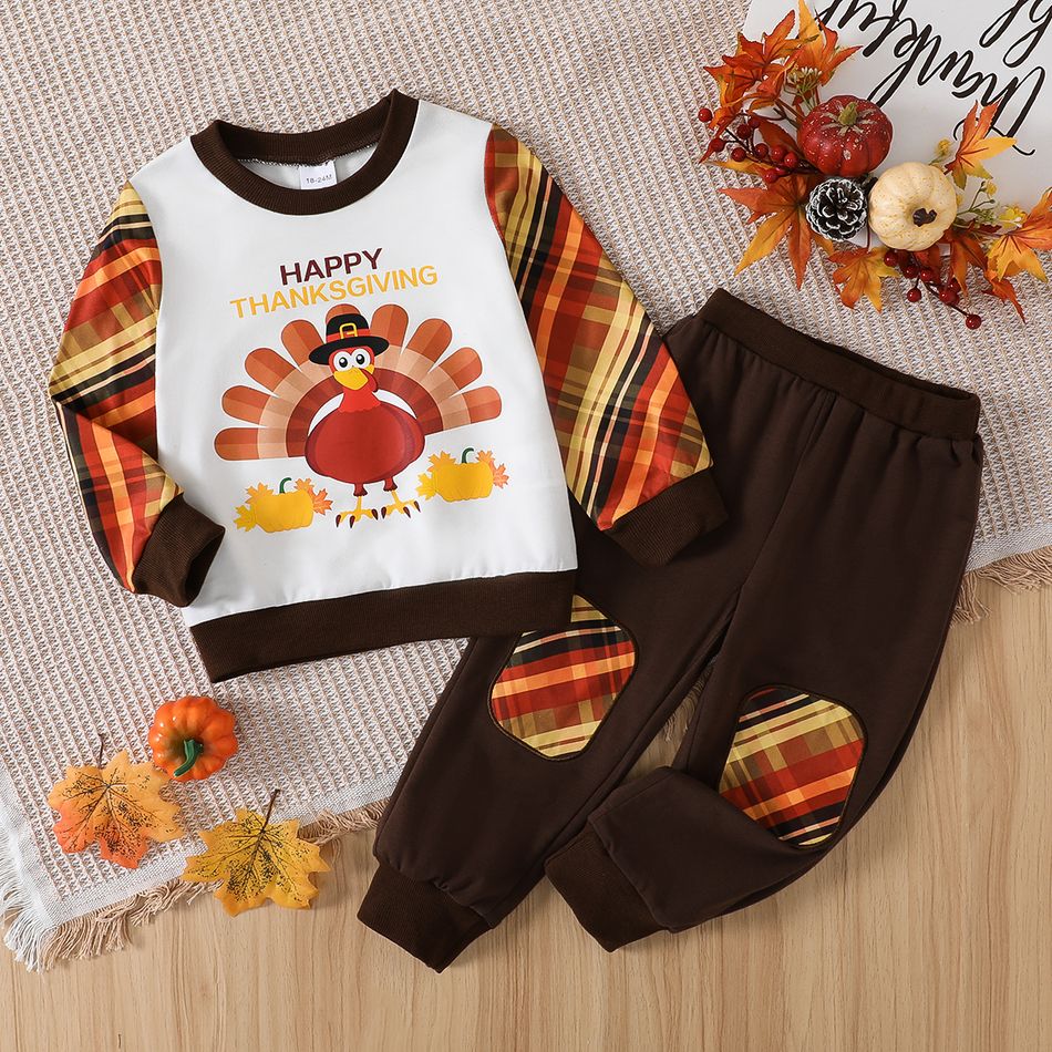 2pcs Toddler Boy Thanksgiving Animal Print Plaid Colorblock Sweatshirt and Pants Set Orangebrown