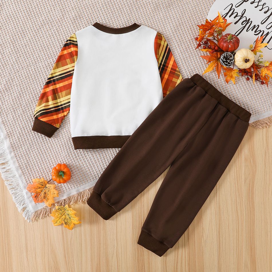 2pcs Toddler Boy Thanksgiving Animal Print Plaid Colorblock Sweatshirt and Pants Set Orangebrown big image 3