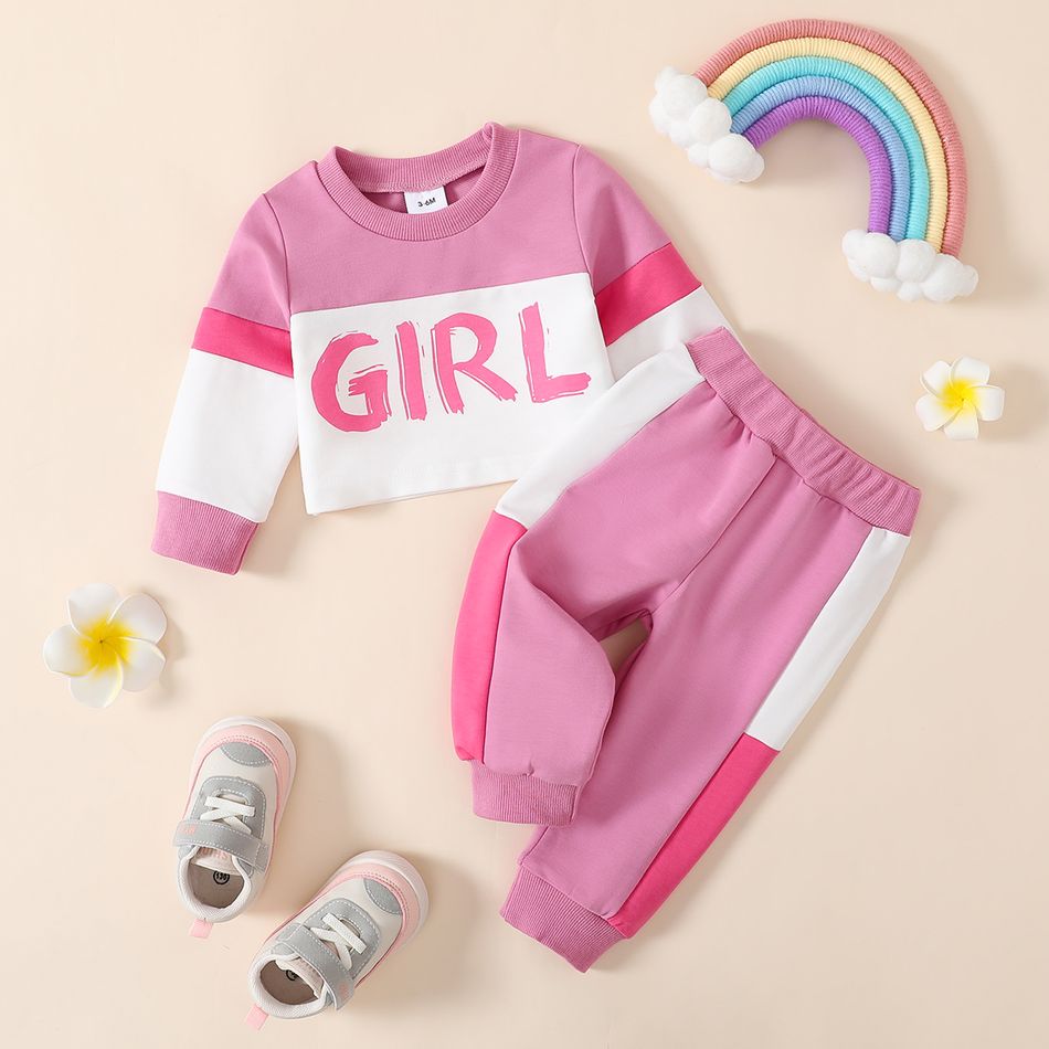 2pcs Baby Girl 95% Cotton Long-sleeve Letter Print Colorblock Crop Sweatshirt and Sweatpants Set Pink big image 1