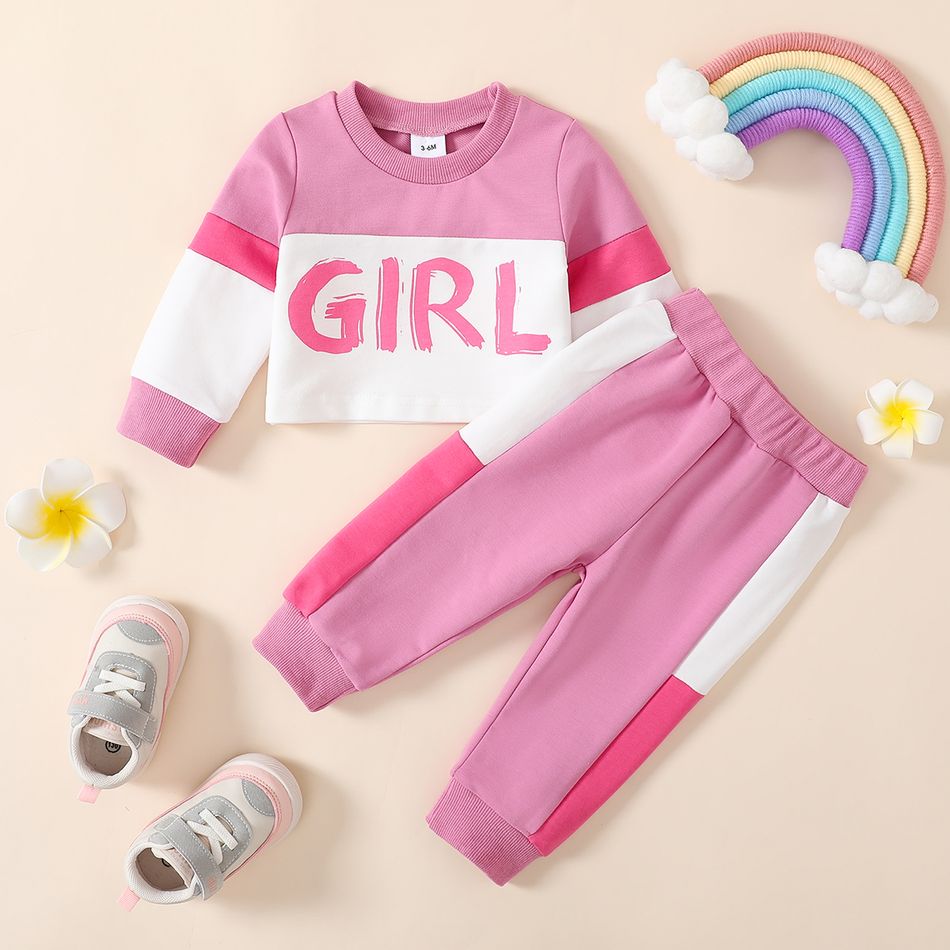 2pcs Baby Girl 95% Cotton Long-sleeve Letter Print Colorblock Crop Sweatshirt and Sweatpants Set Pink big image 3