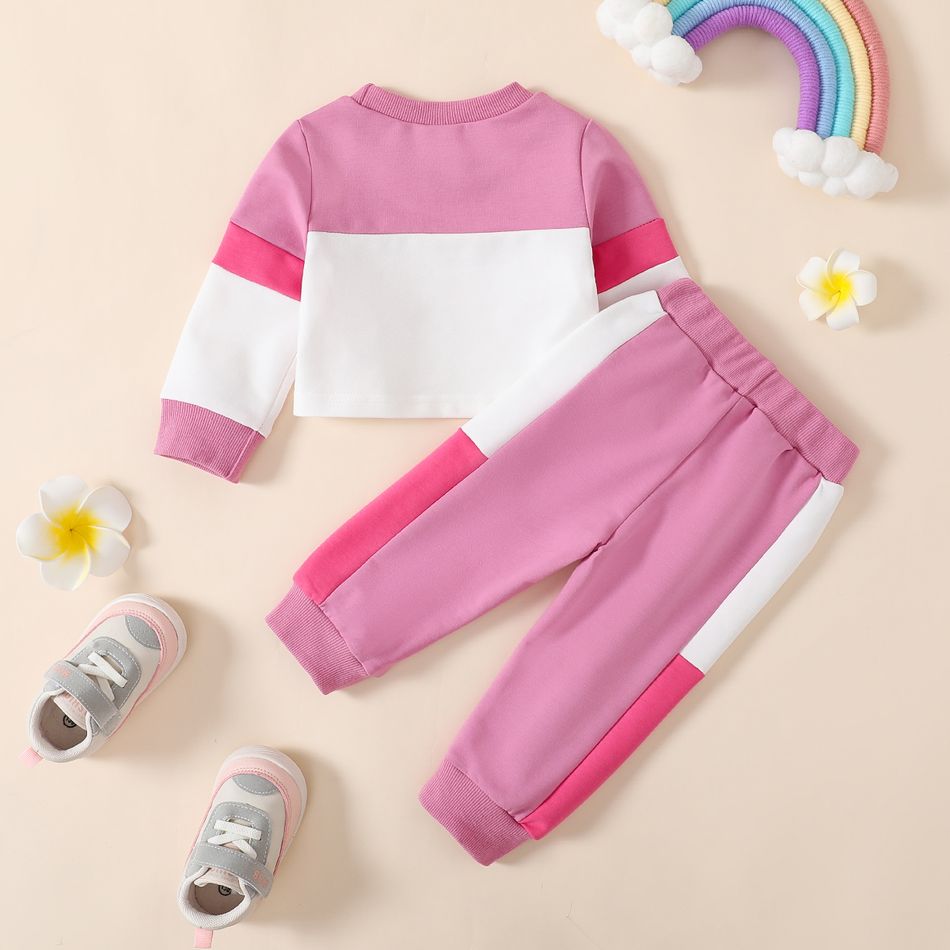 2pcs Baby Girl 95% Cotton Long-sleeve Letter Print Colorblock Crop Sweatshirt and Sweatpants Set Pink big image 2