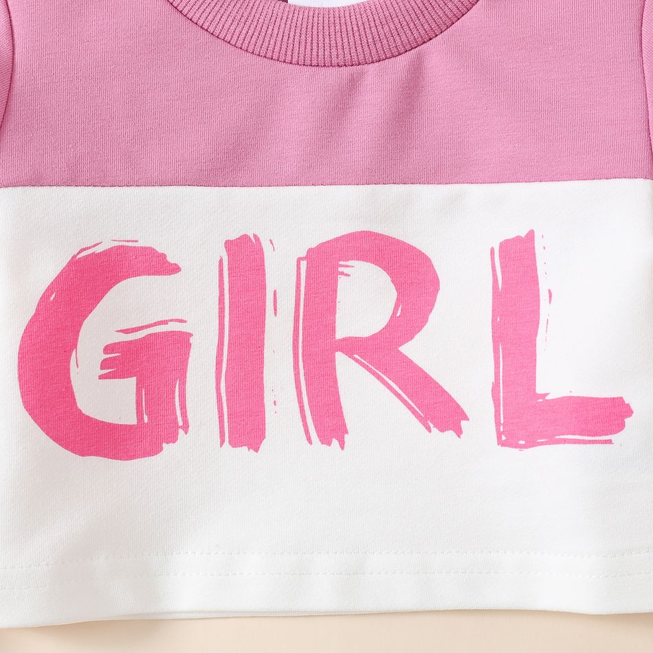 2pcs Baby Girl 95% Cotton Long-sleeve Letter Print Colorblock Crop Sweatshirt and Sweatpants Set Pink big image 5