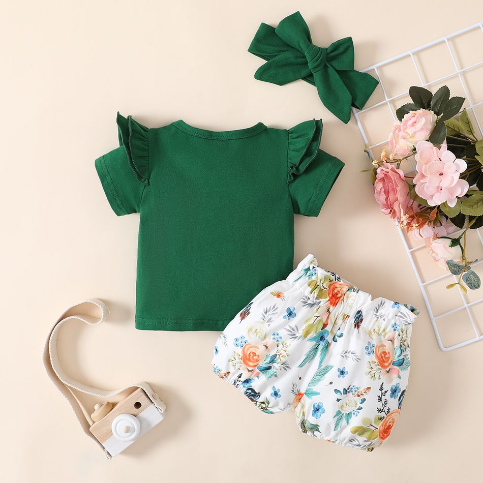 100% Cotton 3pcs Floral Print Short-sleeve Baby Set Green big image 2