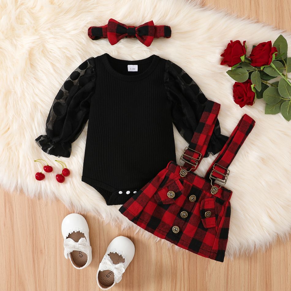 3pcs Baby Girl 95% Cotton Rib Knit Spliced Dots Mesh Long-sleeve Romper and Red Plaid Suspender Skirt with Headband Set Red big image 2