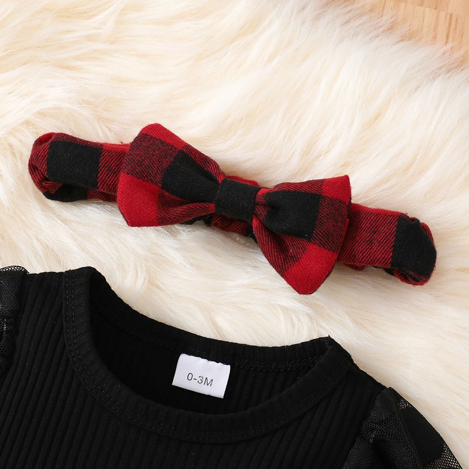 3pcs Baby Girl 95% Cotton Rib Knit Spliced Dots Mesh Long-sleeve Romper and Red Plaid Suspender Skirt with Headband Set Red big image 4